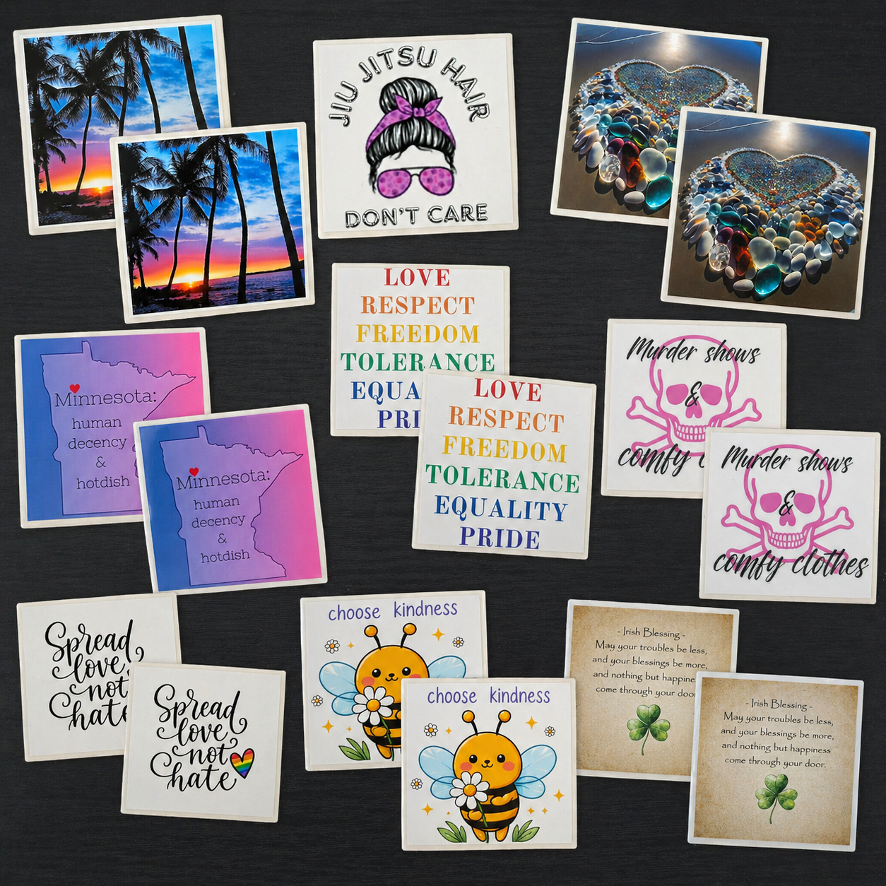 Handcrafted 4x4” ceramic tile coasters featuring original designs/uplifting messages. Sealed, durable, and perfect for everyday use/gifting.